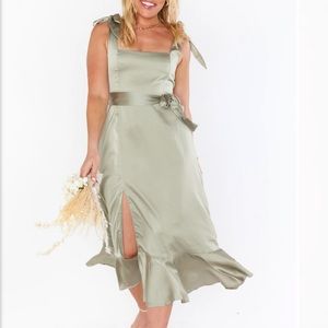 NWT Show Me Your MuMu Claire dress in moss green luxe satin.